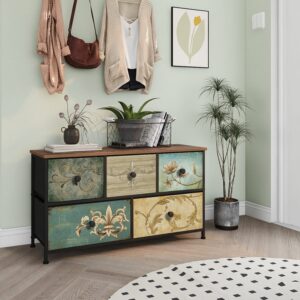 Tohomeor Dresser with Drawers for Bedroom Chest of Drawers Fabric Dresser for Closet,Nursery Entryway Hall Tree TV Stand for Living Room Retro Floral Pattern Drawers Wooden Top (5 Drawers)