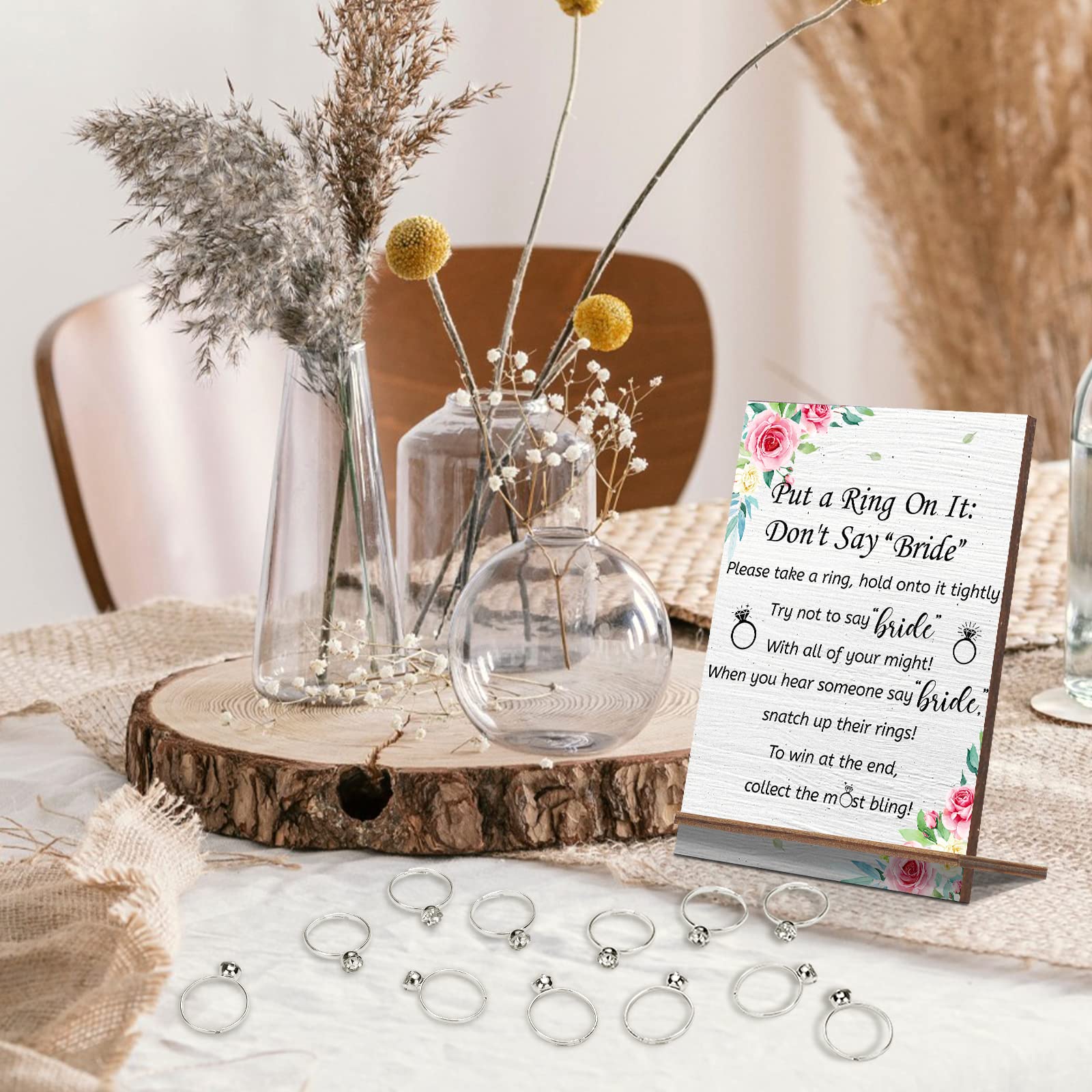 Tatuo Put a Ring on It Bridal Shower Game with 100 Pcs Fake Rings Metal Engagement Rings Rustic Greenery Theme Not Say Bride Rules Wooden Sign Bridal Shower Gifts for Guests(Silver)