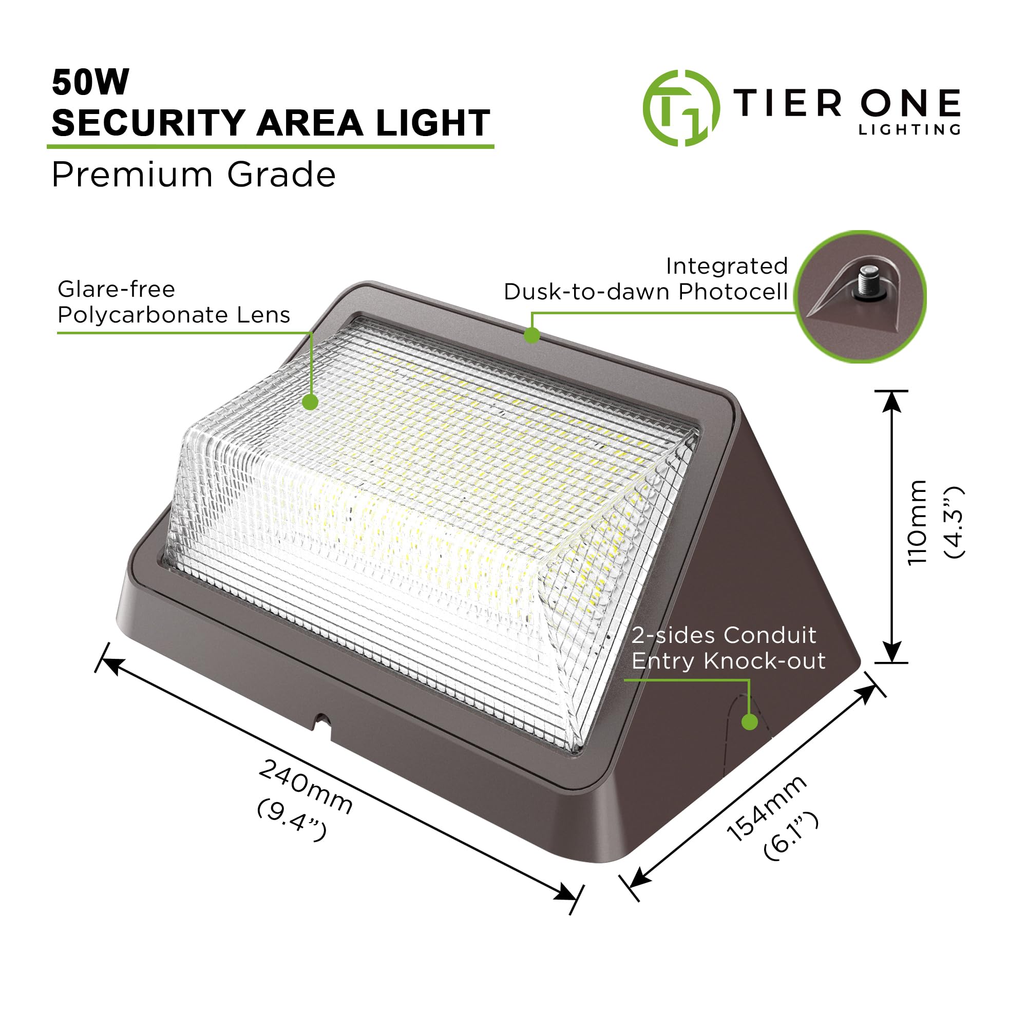 TIERONE 50W LED Wall Pack Light Dusk to Dawn Photocell Outdoor Commercial Security Area Lighting Fixture UL Listed 5500LM 4000K Daylight 400W HPS/HID Equivalent IP65 Waterproof 120-277V 2PACK