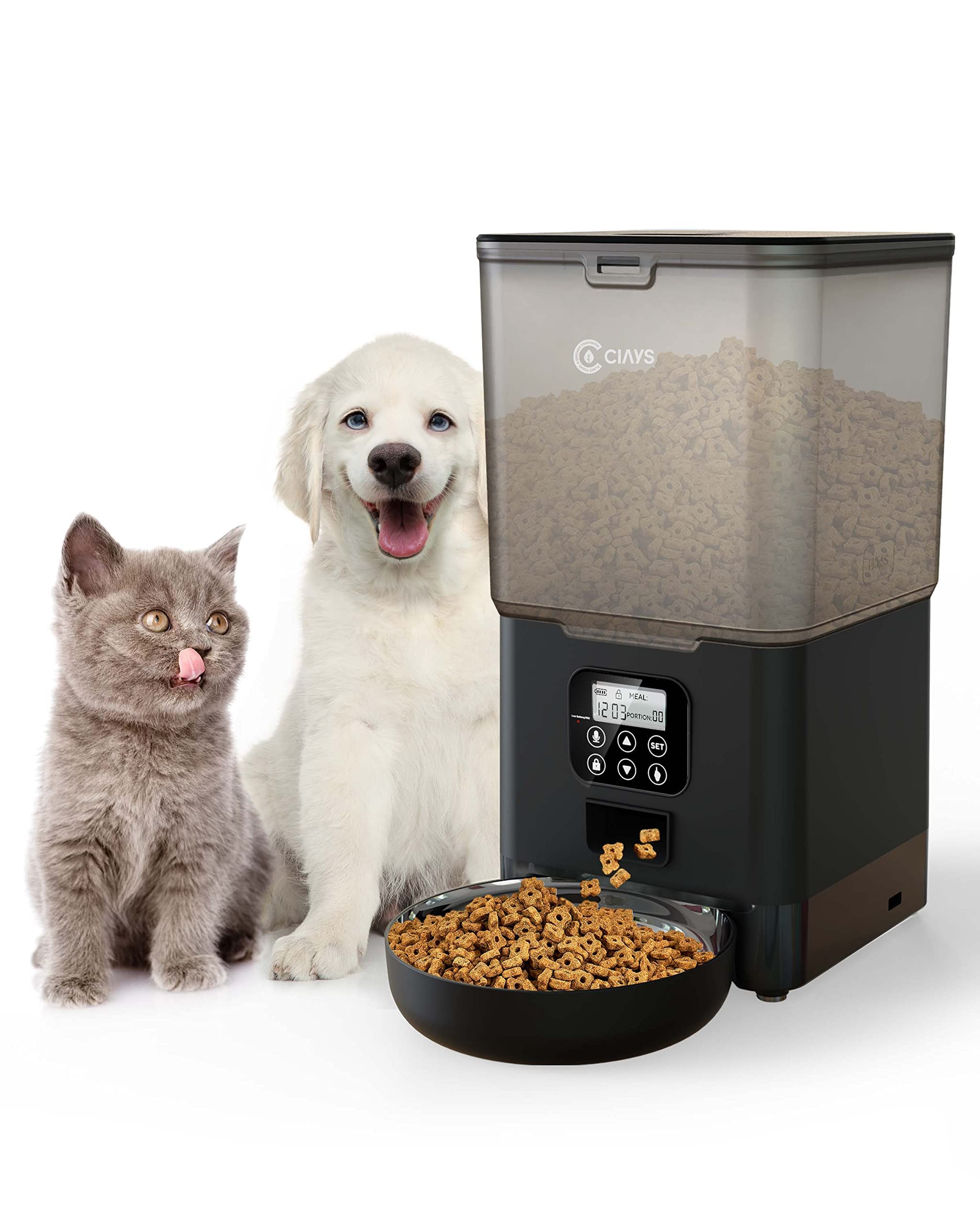 Ciays Automatic Cat Feeder, 5.6L, 4 Meals Per Day, Pet Dry Food Dispenser, Dual Power Supply & Voice Recorder, Black