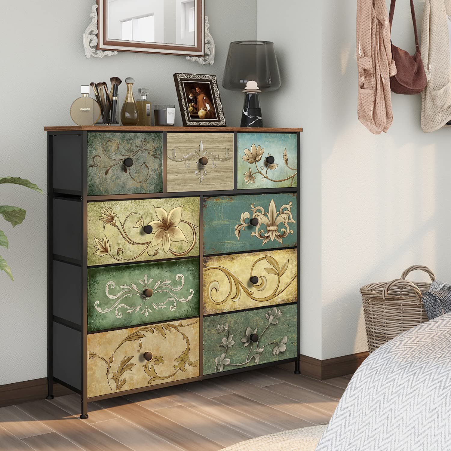 Tohomeor Dresser with Drawers for Bedroom Chest of Drawers Fabric Dresser for Closet,Nursery Entryway Hall Tree TV Stand for Living Room Retro Floral Pattern Drawers Wooden Top (9 Drawers)