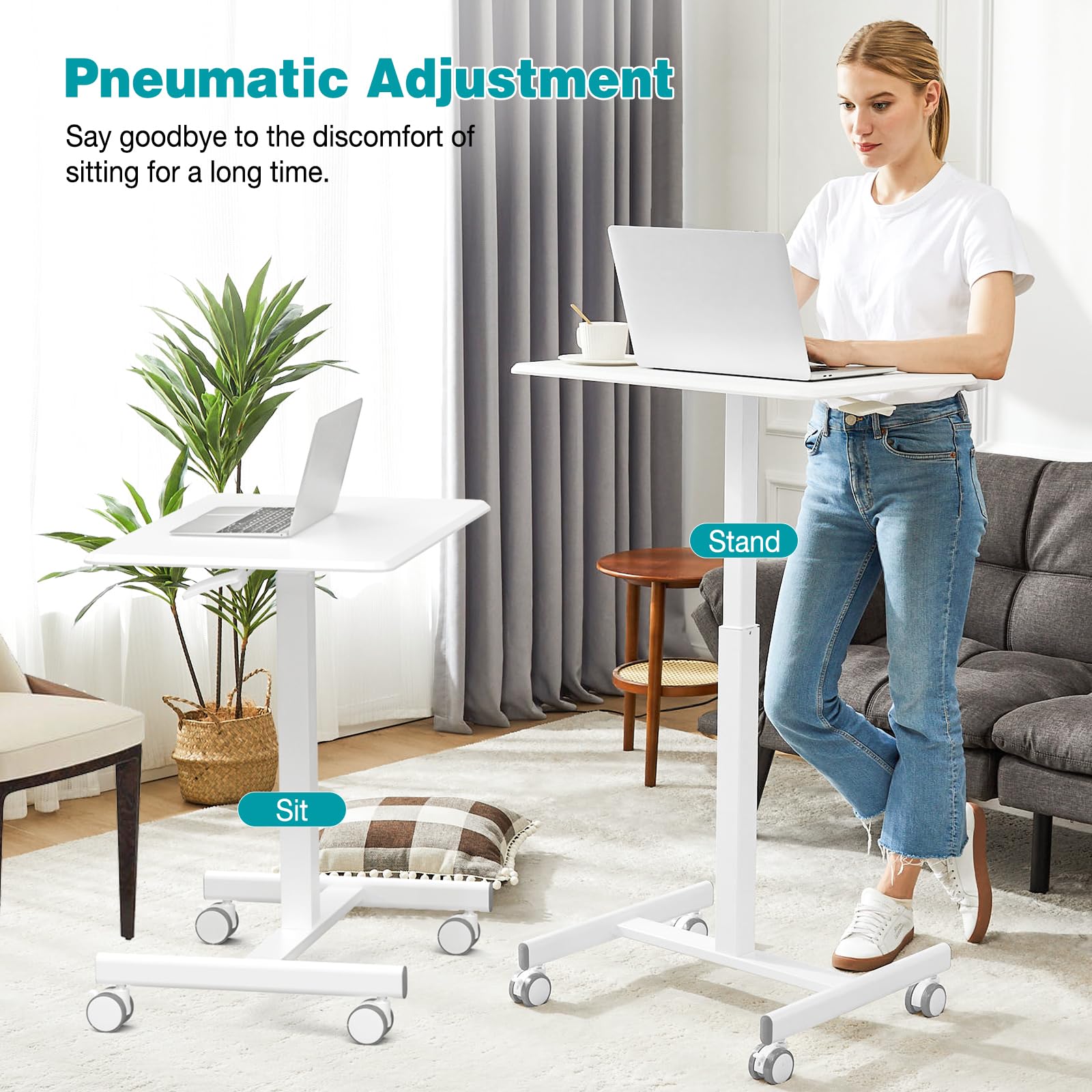 DUMOS Standing Height, Mobile Portable Rolling Laptop Wheels Small Adjustable Desk for Home Office, 19in, White