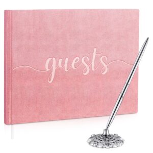 velvet wedding guest book with pen and pen holder wedding reception registry books for guests to sign 7" x 10" wedding guestbook for bridal baby shower birthday party, 120 pages(pink)