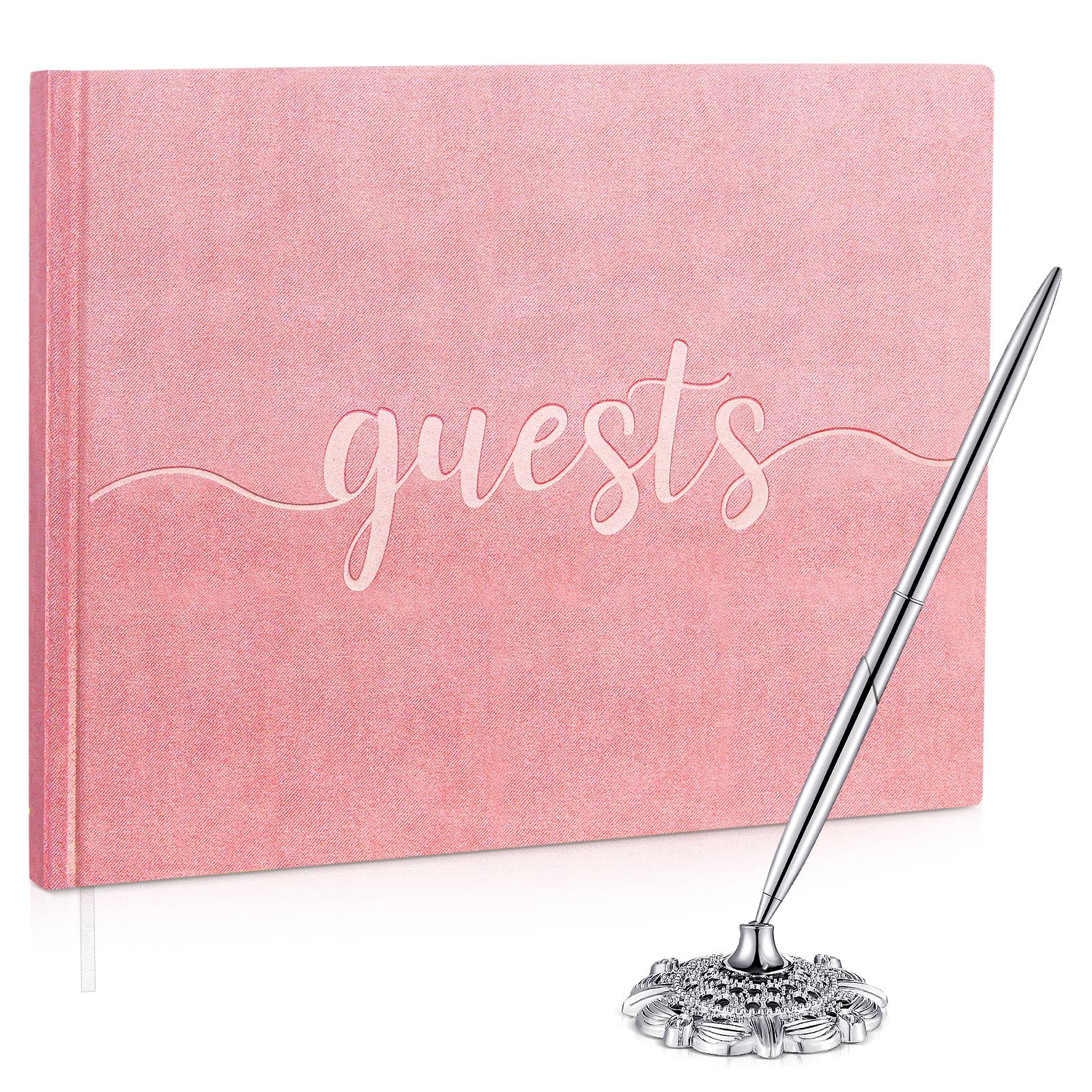 Velvet Wedding Guest Book with Pen and Pen Holder Wedding Reception Registry Books for Guests to Sign 7" x 10" Wedding Guestbook for Bridal Baby Shower Birthday Party, 120 Pages(Pink)