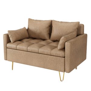 Senfot Sofa Couch Faux Leather Loveseat Sofas with Hand Stitched Comfortable Cushion, Modern Design with Gold Metal Legs and Lift-Up Storage for Living Room in Light Brown