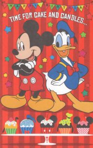 mickey mouse, donald duck, and goofy happy birthday card - time for cake and candles... and smiles and presents too. it's time for special wishes 'cause it's birthday time for you!