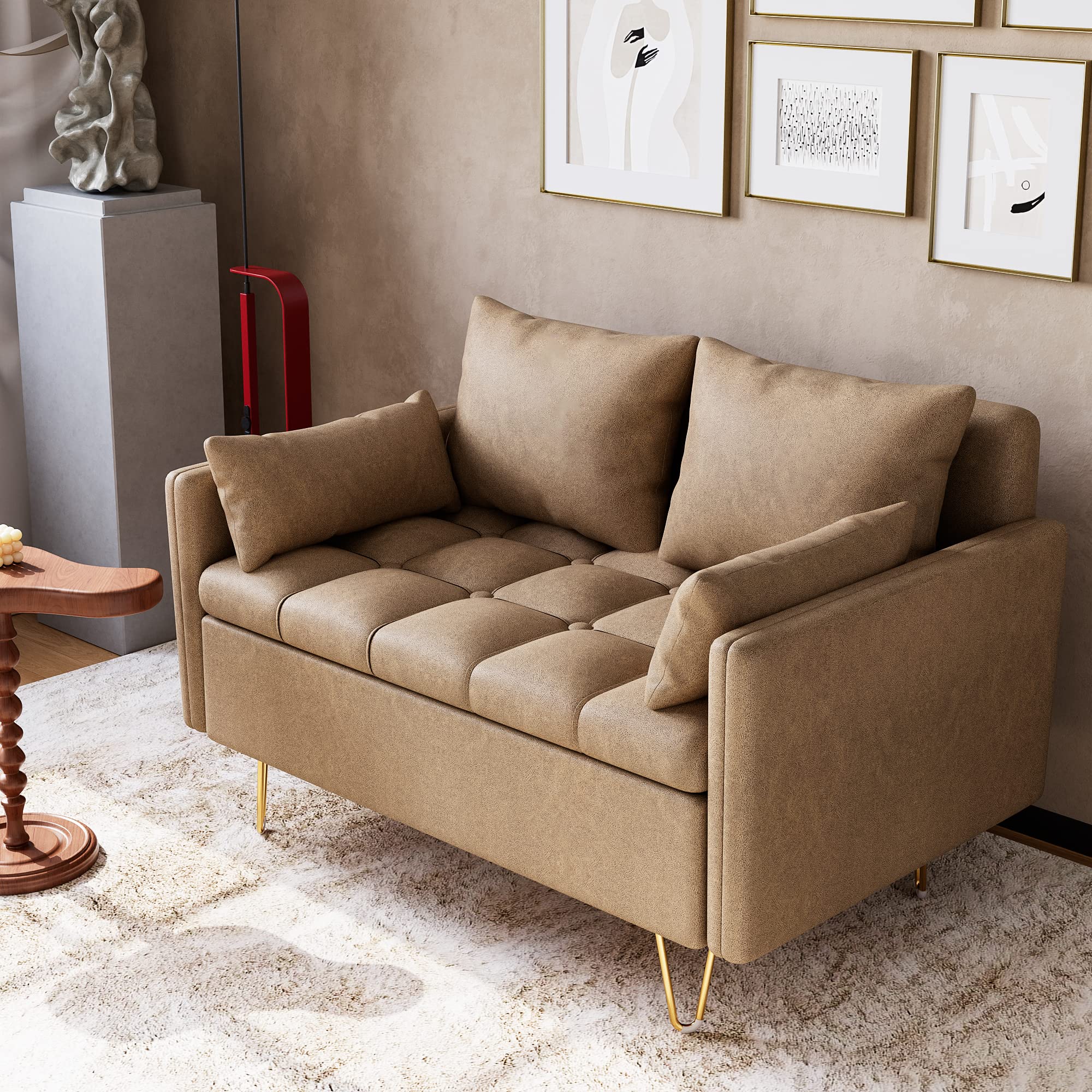 Senfot Sofa Couch Faux Leather Loveseat Sofas with Hand Stitched Comfortable Cushion, Modern Design with Gold Metal Legs and Lift-Up Storage for Living Room in Light Brown