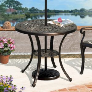 DWVO 30 Inches Round Patio Dining Table with Umbrella Hole, Antique Cast Aluminum Outdoor Bistro Table Outdoor Side Table for Backyard, Garden, Patio, Porch, Hammered Bronze