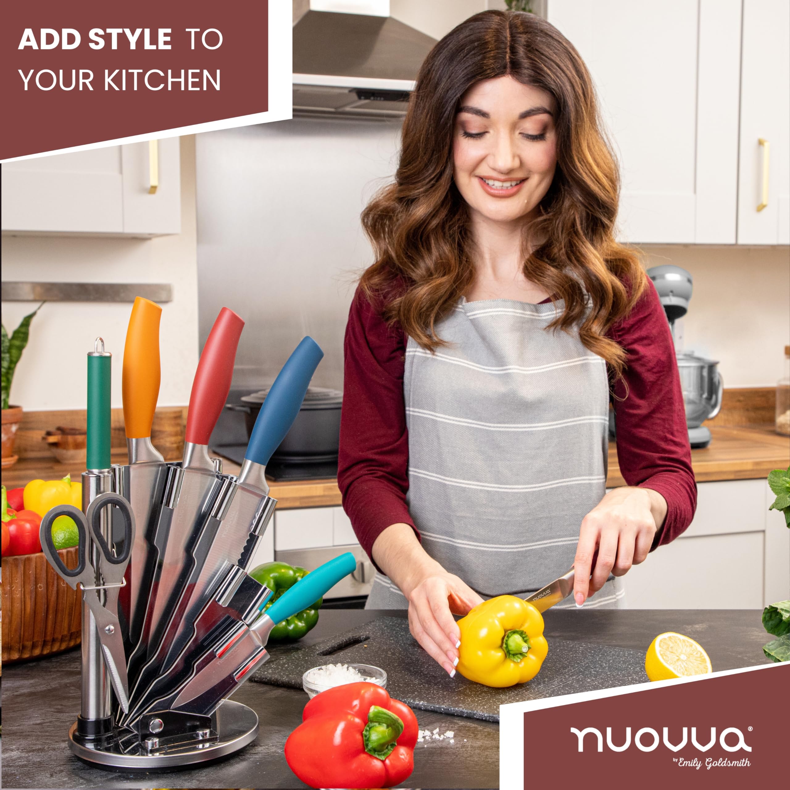 Professional Kitchen Knife Set – 7pcs Multi Colour Kitchen Knives – 360 Degree Rotating Knife Block Sharp Stainless Steel Blades – by Nuovva