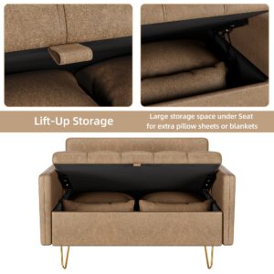 Senfot Sofa Couch Faux Leather Loveseat Sofas with Hand Stitched Comfortable Cushion, Modern Design with Gold Metal Legs and Lift-Up Storage for Living Room in Light Brown