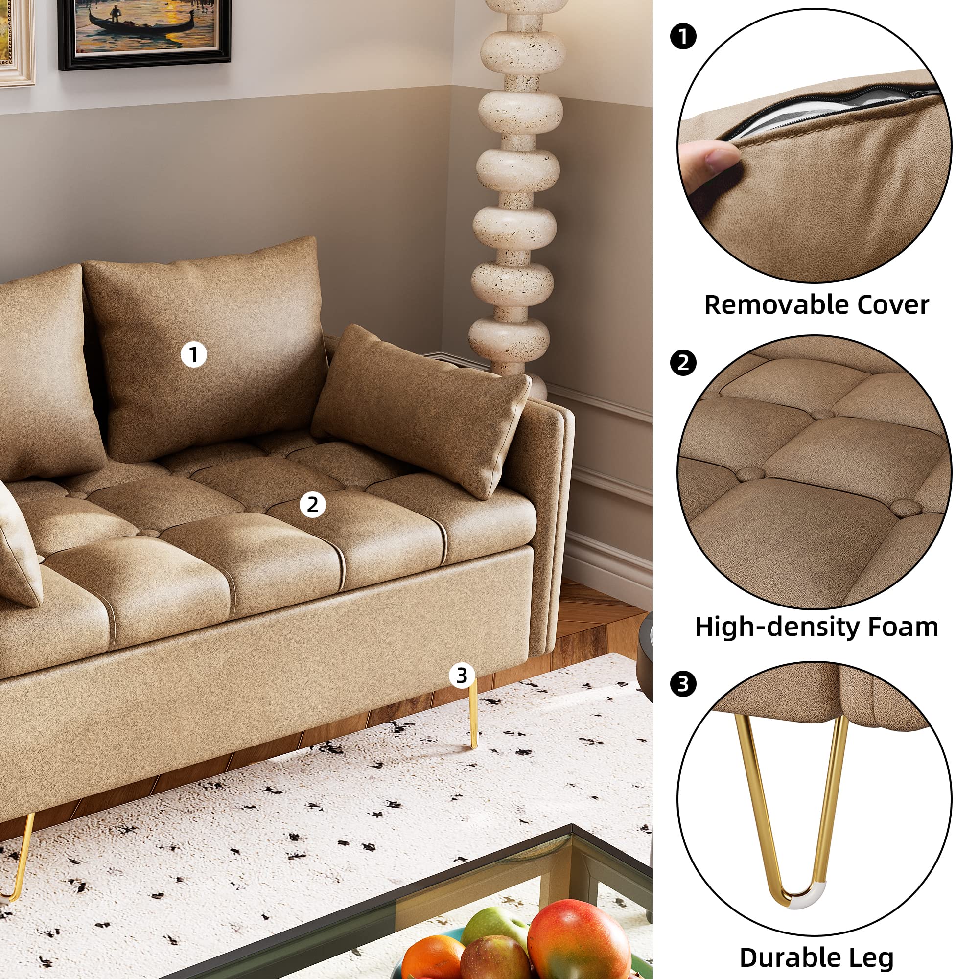 Senfot Sofa Couch Faux Leather Loveseat Sofas with Hand Stitched Comfortable Cushion, Modern Design with Gold Metal Legs and Lift-Up Storage for Living Room in Light Brown