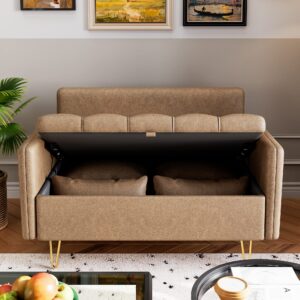 Senfot Sofa Couch Faux Leather Loveseat Sofas with Hand Stitched Comfortable Cushion, Modern Design with Gold Metal Legs and Lift-Up Storage for Living Room in Light Brown