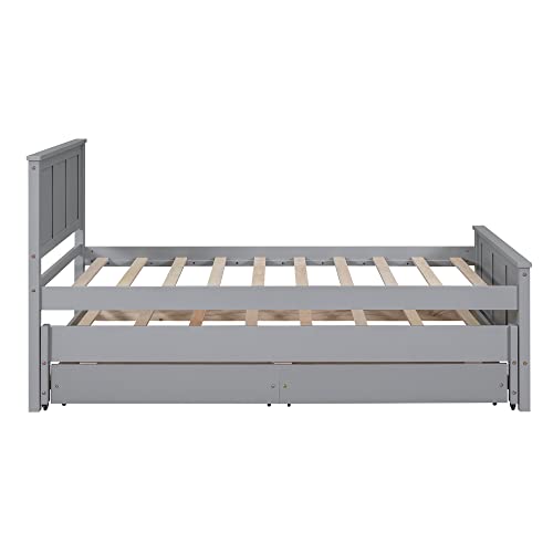 Twin Size Platform Bed with Trundle and 2 Storage Drawers, Wooden Twin Daybed with Slat Support, Modern Twin Trundle Bed Frame for Bedroom, Guest Room, Living Room (Twin, Gray)