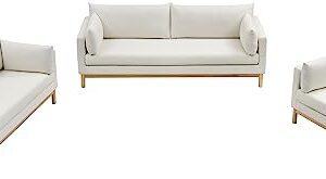 Meridian Furniture 157Cream-L Langham Collection Mid-Century Modern Linen Textured Fabric Upholstered Loveseat, Cream Linen Textured Fabric, Natural Finish Wood Base, 66" W x 33.5" D x 33" H, Cream