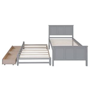 Twin Size Platform Bed with Trundle and 2 Storage Drawers, Wooden Twin Daybed with Slat Support, Modern Twin Trundle Bed Frame for Bedroom, Guest Room, Living Room (Twin, Gray)