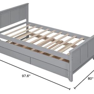 Twin Size Platform Bed with Trundle and 2 Storage Drawers, Wooden Twin Daybed with Slat Support, Modern Twin Trundle Bed Frame for Bedroom, Guest Room, Living Room (Twin, Gray)