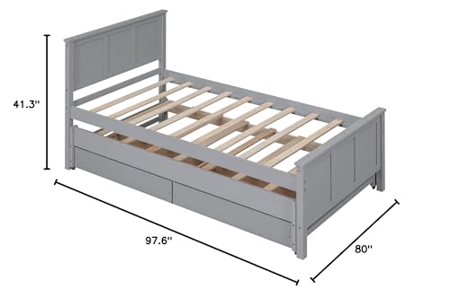 Twin Size Platform Bed with Trundle and 2 Storage Drawers, Wooden Twin Daybed with Slat Support, Modern Twin Trundle Bed Frame for Bedroom, Guest Room, Living Room (Twin, Gray)