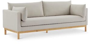 meridian furniture 157beige-s langham collection mid-century modern linen textured fabric upholstered sofa, beige linen textured fabric, natural finish wood base, 89.5" w x 33.5" d x 33" h, beige