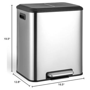 Fashionwu 30 Liter/8 Gallon Trash Can, Rectangular Dual Compartment Kitchen Trash, Stainless Steel Garbage Can with 2 x 15L Inner Buckets, Smudge Resistant Trash Can with Lid & Foot Pedal, Hands-Free