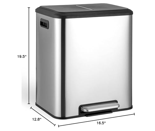 Fashionwu 30 Liter/8 Gallon Trash Can, Rectangular Dual Compartment Kitchen Trash, Stainless Steel Garbage Can with 2 x 15L Inner Buckets, Smudge Resistant Trash Can with Lid & Foot Pedal, Hands-Free