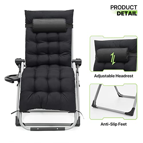 Magshion Zero Gravity Chair with Cushion, Reclining Outdoor Patio Lounge Chair, Folding Indoor Anti Gravity Recliner, Portable Lounger with Removable Cup Holder Side Tray and Pillow Headrest (Black)