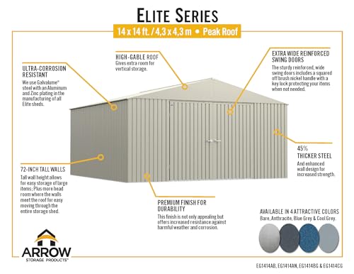 Arrow Shed Elite 14' x 14' Outdoor Lockable Gable Roof Steel Storage Shed Building, Anthracite