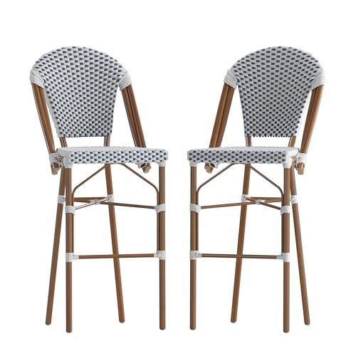 Flash Furniture Lourdes Commercial Grade Bistro Bar Height Stool, Stackable Indoor/Outdoor Dining Stool, 30" High, White/Navy and Bamboo Finish, Set of 2