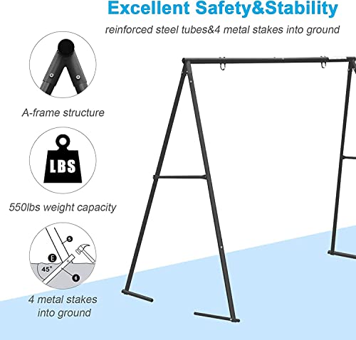 Hishine Swing Stand for Porch Outdoor Heavy Duty Swing Frame, Full Steel Metal Frame with 4 Ground Pegs, 71" Height Holds Up to 550lbs, Black (Swing NOT Included)