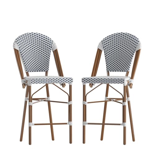 Flash Furniture Lourdes Commercial Grade Bistro Counter Height Stool, Stackable Indoor/Outdoor Dining Stool, 26" High, White/Navy and Bamboo Finish, Set of 2