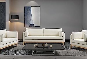 Meridian Furniture 157Cream-L Langham Collection Mid-Century Modern Linen Textured Fabric Upholstered Loveseat, Cream Linen Textured Fabric, Natural Finish Wood Base, 66" W x 33.5" D x 33" H, Cream