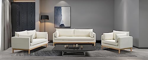 Meridian Furniture 157Cream-L Langham Collection Mid-Century Modern Linen Textured Fabric Upholstered Loveseat, Cream Linen Textured Fabric, Natural Finish Wood Base, 66" W x 33.5" D x 33" H, Cream