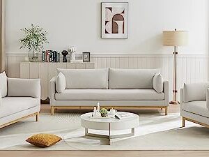 Meridian Furniture 157Beige-S Langham Collection Mid-Century Modern Linen Textured Fabric Upholstered Sofa, Beige Linen Textured Fabric, Natural Finish Wood Base, 89.5" W x 33.5" D x 33" H, Beige