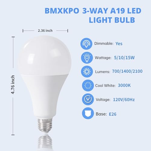 3 Way LED Light Bulb 50 100 150W Equivalent, Replacement Incandescent,A19 Light Bulb 5/10/15W 3000K Soft White E26 Medium Base, 4 Pack