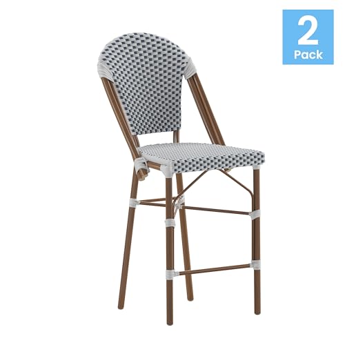 Flash Furniture Lourdes Commercial Grade Bistro Counter Height Stool, Stackable Indoor/Outdoor Dining Stool, 26" High, White/Navy and Bamboo Finish, Set of 2