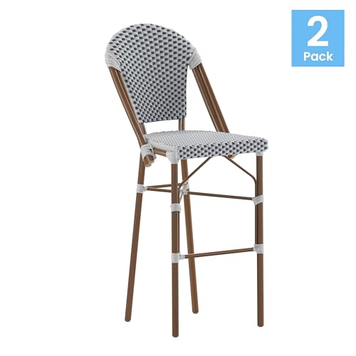 Flash Furniture Lourdes Commercial Grade Bistro Bar Height Stool, Stackable Indoor/Outdoor Dining Stool, 30" High, White/Navy and Bamboo Finish, Set of 2