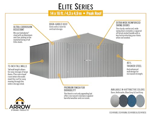 Arrow Shed Elite 14' x 16' Outdoor Lockable Gable Roof Steel Storage Shed Building, Blue Grey