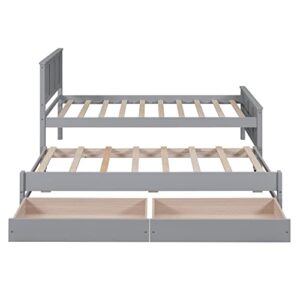 Twin Size Platform Bed with Trundle and 2 Storage Drawers, Wooden Twin Daybed with Slat Support, Modern Twin Trundle Bed Frame for Bedroom, Guest Room, Living Room (Twin, Gray)