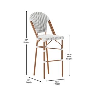 Flash Furniture Lourdes Commercial Grade Bistro Bar Height Stool, Stackable Indoor/Outdoor Dining Stool, 30" High, White/Gray and Bamboo Finish, Set of 2