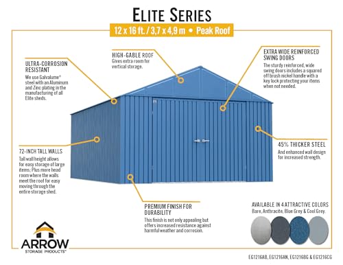 Arrow Shed Elite 12' x 16' Outdoor Lockable Gable Roof Steel Storage Shed Building, Anthracite