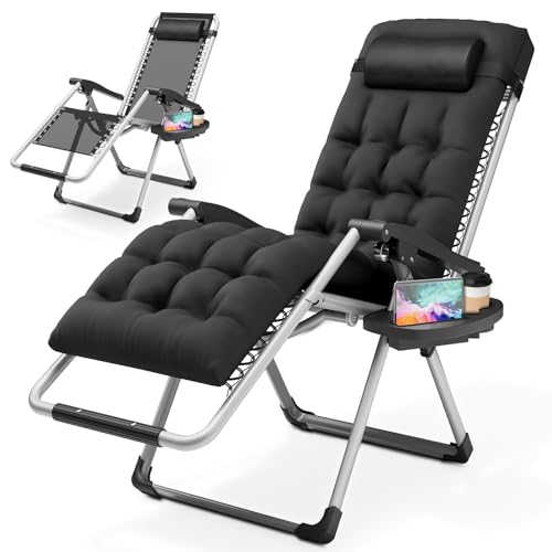 Magshion Zero Gravity Chair with Cushion, Reclining Outdoor Patio Lounge Chair, Folding Indoor Anti Gravity Recliner, Portable Lounger with Removable Cup Holder Side Tray and Pillow Headrest (Black)