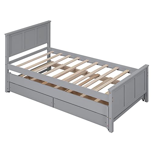 Twin Size Platform Bed with Trundle and 2 Storage Drawers, Wooden Twin Daybed with Slat Support, Modern Twin Trundle Bed Frame for Bedroom, Guest Room, Living Room (Twin, Gray)