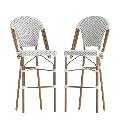 Flash Furniture Lourdes Commercial Grade Bistro Bar Height Stool, Stackable Indoor/Outdoor Dining Stool, 30" High, White/Gray and Bamboo Finish, Set of 2