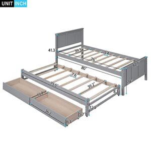 Twin Size Platform Bed with Trundle and 2 Storage Drawers, Wooden Twin Daybed with Slat Support, Modern Twin Trundle Bed Frame for Bedroom, Guest Room, Living Room (Twin, Gray)