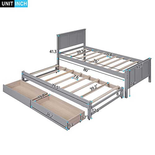 Twin Size Platform Bed with Trundle and 2 Storage Drawers, Wooden Twin Daybed with Slat Support, Modern Twin Trundle Bed Frame for Bedroom, Guest Room, Living Room (Twin, Gray)