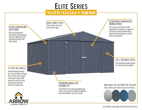 Arrow Shed Elite 14' x 12' Outdoor Lockable Gable Roof Steel Storage Shed Building, Anthracite