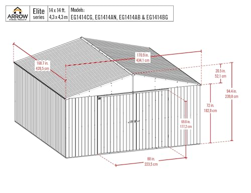 Arrow Shed Elite 14' x 14' Outdoor Lockable Gable Roof Steel Storage Shed Building, Anthracite