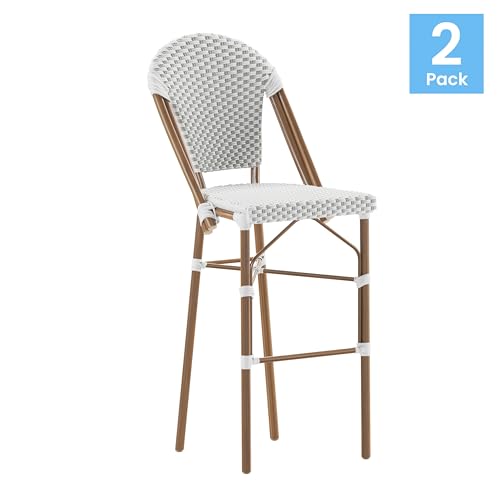 Flash Furniture Lourdes Commercial Grade Bistro Bar Height Stool, Stackable Indoor/Outdoor Dining Stool, 30" High, White/Gray and Bamboo Finish, Set of 2