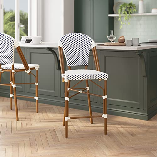 Flash Furniture Lourdes Commercial Grade Bistro Counter Height Stool, Stackable Indoor/Outdoor Dining Stool, 26" High, White/Navy and Bamboo Finish, Set of 2