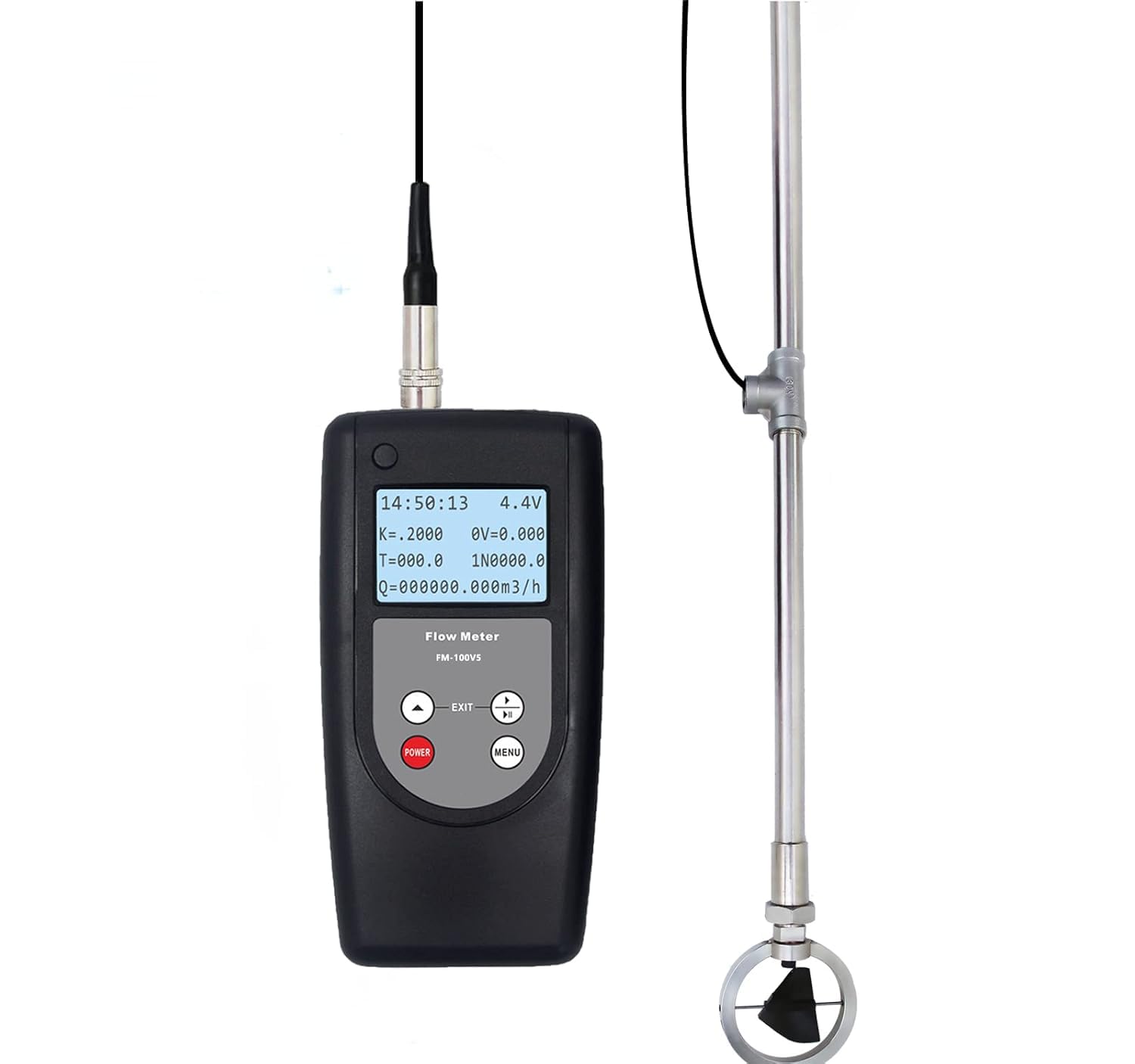 FM-100V5 Portable Velocity Flow Meter Flowmeter Water Velocity Meter Speed Range 0.01~5.00 m/s Temperature Range -10℃~50℃