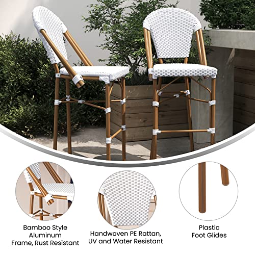 Flash Furniture Lourdes Commercial Grade Bistro Bar Height Stool, Stackable Indoor/Outdoor Dining Stool, 30" High, White/Gray and Bamboo Finish, Set of 2